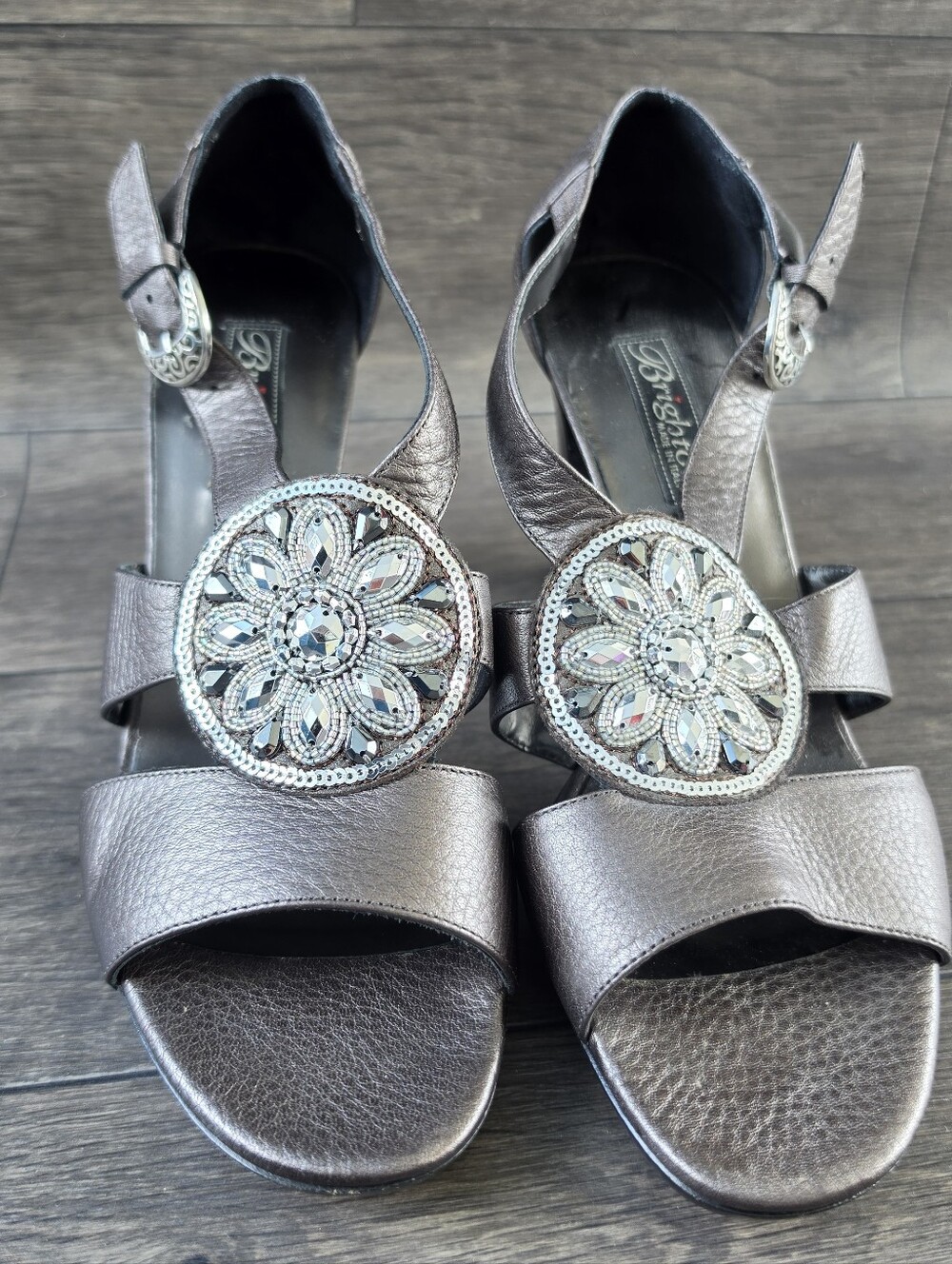 Brighton Viva Pewter Metallic Bronze Rhinestones Heels Sandals Leather 8.5